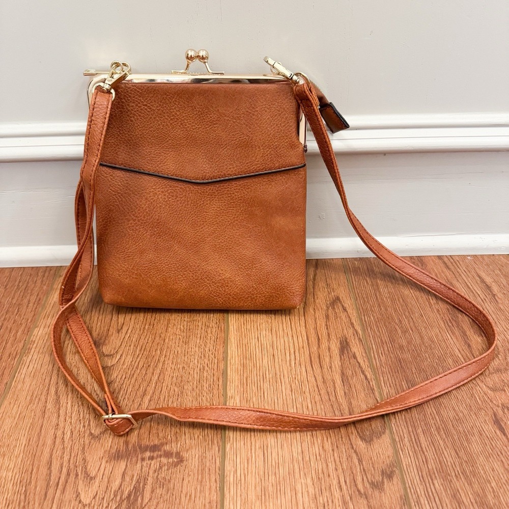 Brown‎ Leather Kiss Lock Crossbody Purse Alba Women's Read*